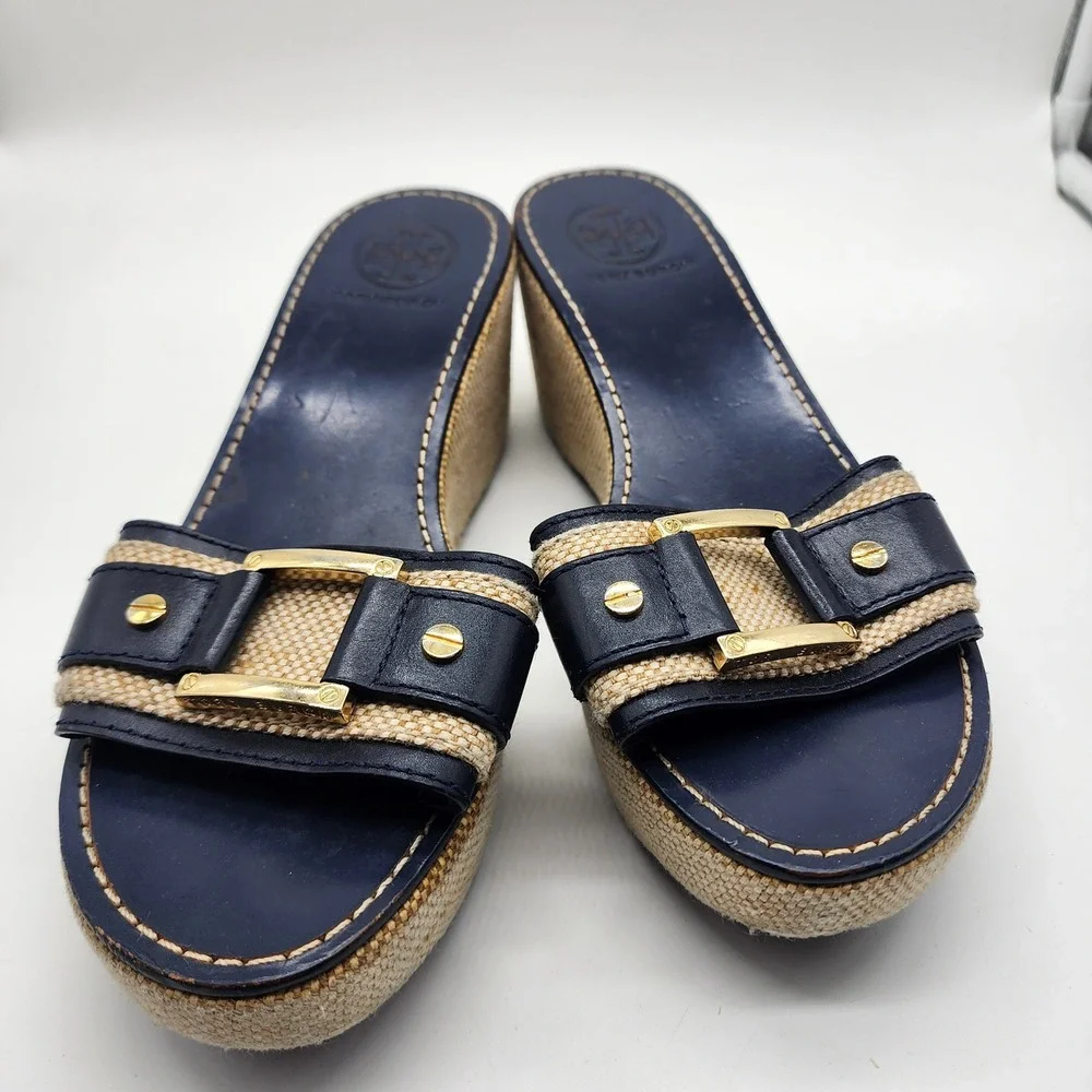 Tory Burch Wedge Slide Sandals Women 7M Navy Blue Leather Canvas Gold Hardware